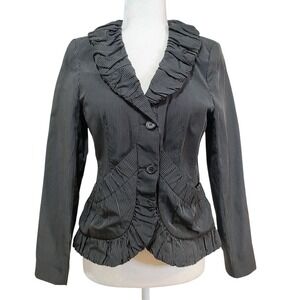 YUVITA Women's Black Pinstripe Ruffle Trim‎ Fitted Blazer Jacket Size 4